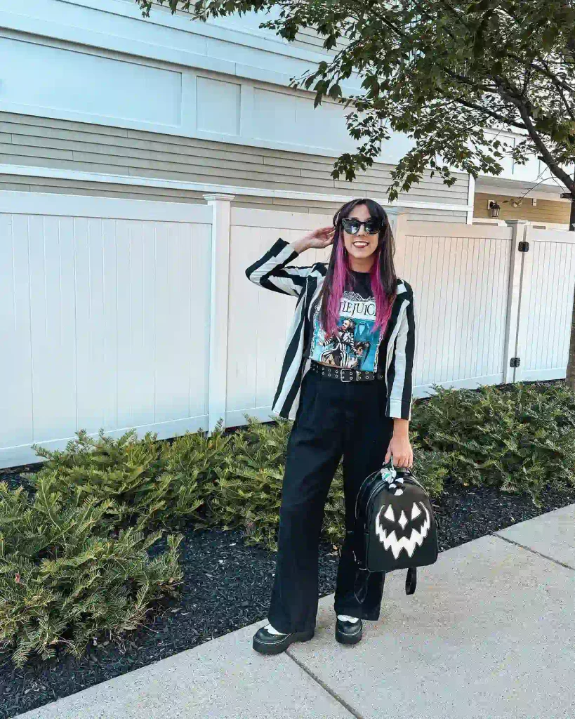 Beetlejuice Striped Blazer With a Pumpkin Backpack