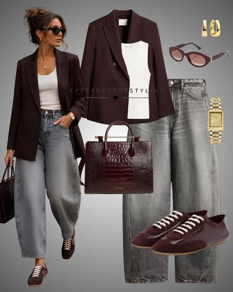 Burgundy blazer with barrel jeans and coordinated accessories