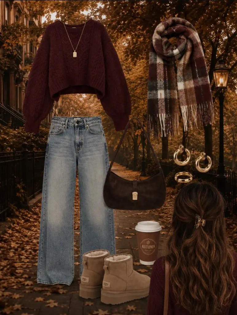 Burgundy cable knit sweater with plaid scarf and wide-leg jeans