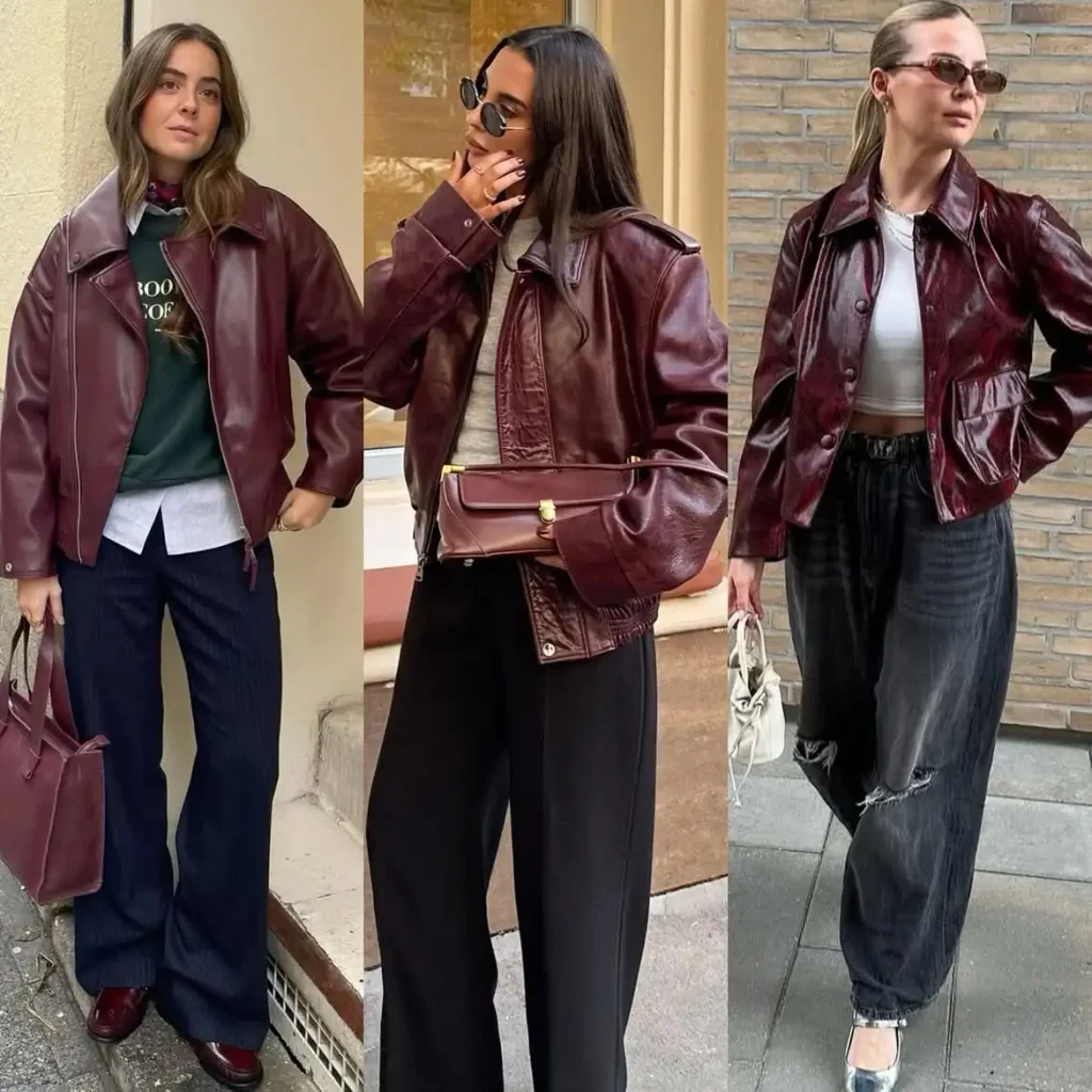 Three burgundy leather jacket outfit ideas