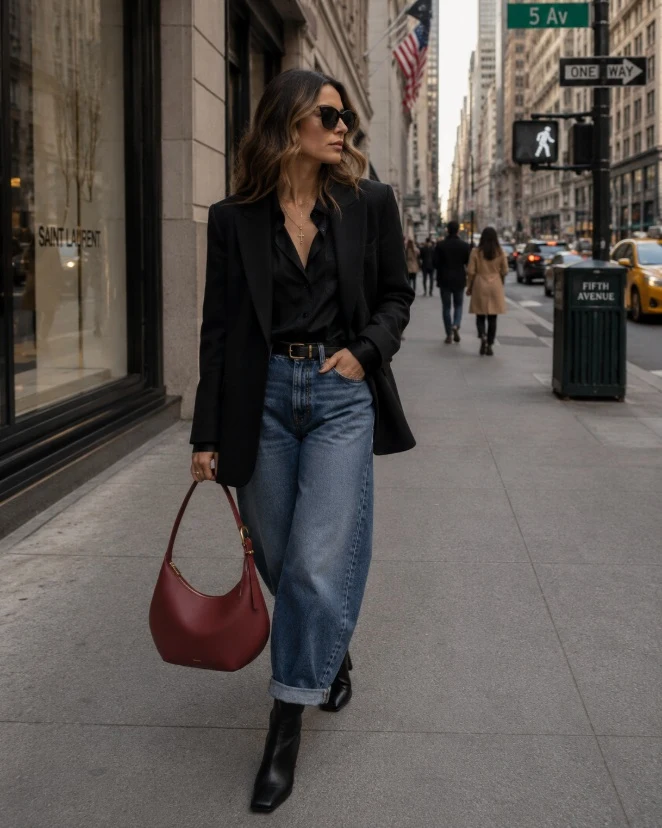 Oversized black blazer with barrel jeans and burgundy shoulder bag