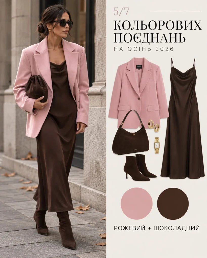 Pink blazer layered over a chocolate slip dress with suede boots