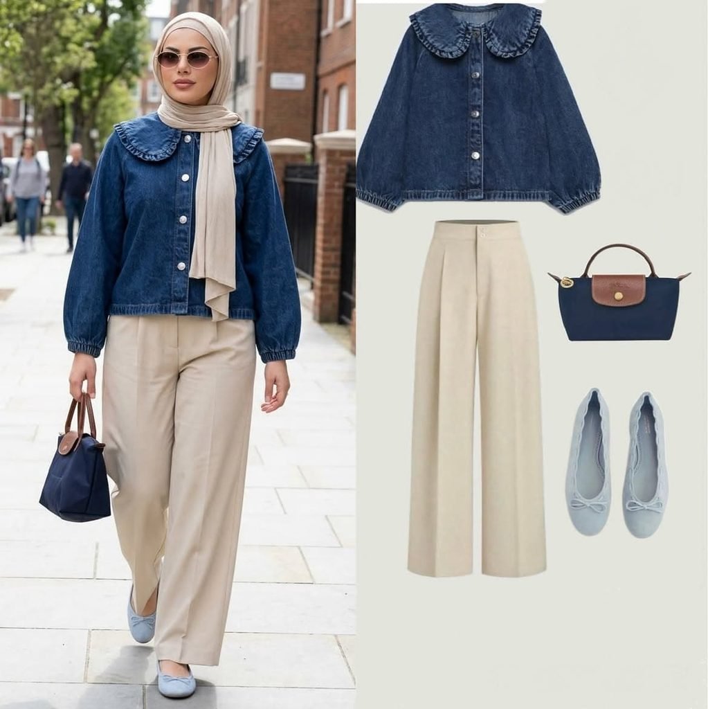 Denim jacket with ruffle collar, wide-leg trousers and cream hijab