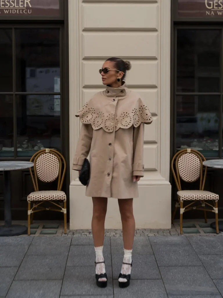 Camel coat with scalloped capelet collar