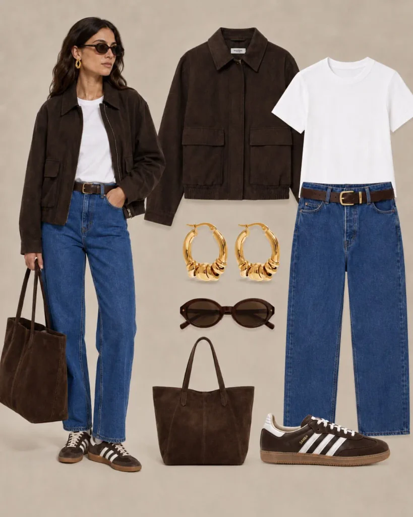 Brown suede jacket with white tee and straight-leg jeans