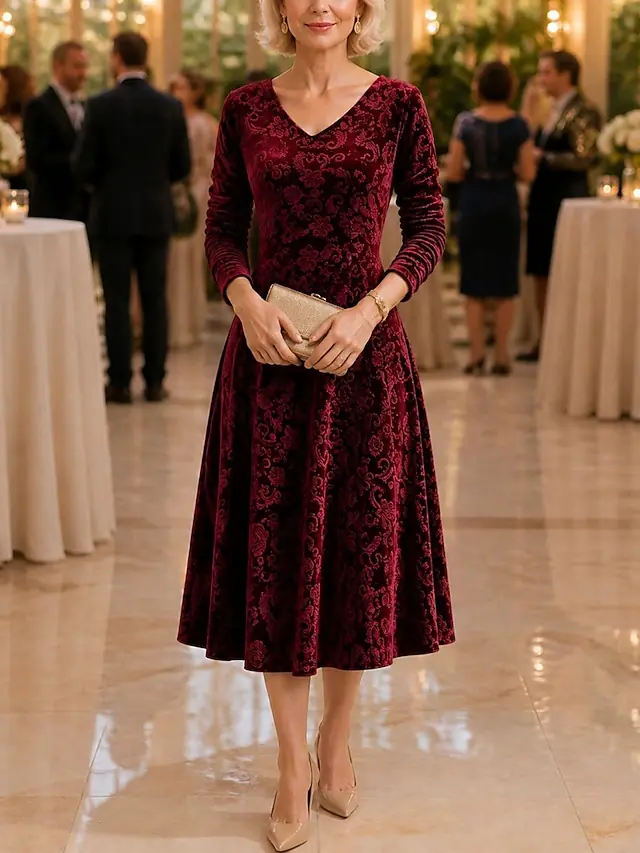 A woman over 50 wearing a burgundy velvet wrap midi dress with nude heels at an elegant winter wedding reception