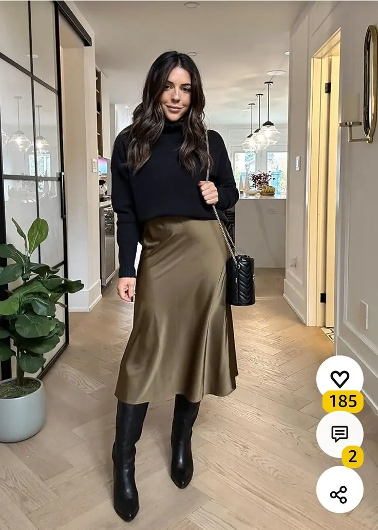 Midsize woman wearing a satin midi skirt with a black turtleneck and knee high boots for winter date night