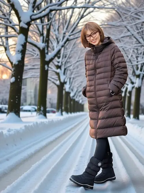 Woman in a long puffer coat with black leggings and insulated winter boots in the snow