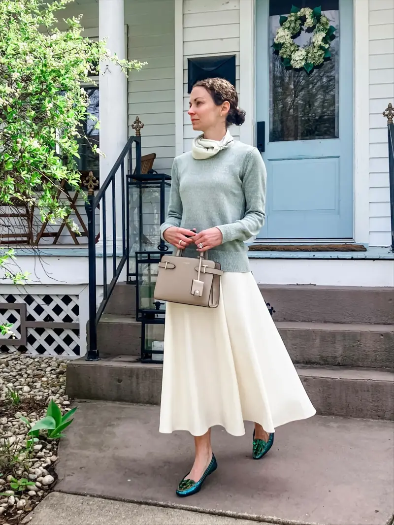 Woman styling a green sweater with a cream midi skirt and flats for a modest Christmas church outfit