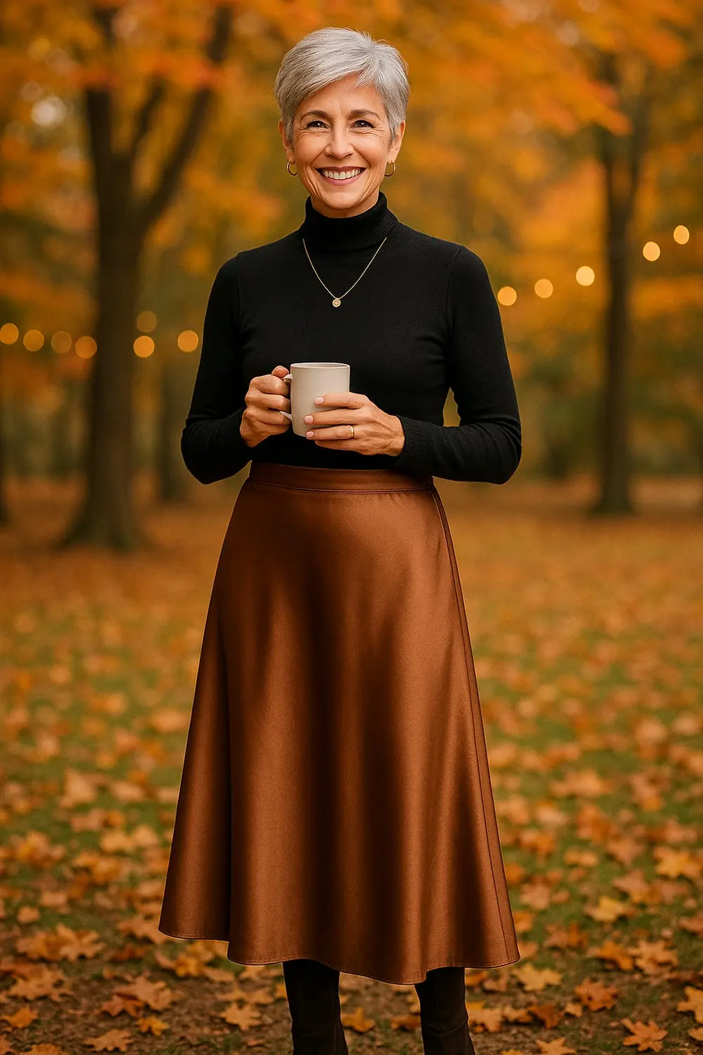 Woman wearing a black turtleneck and bronze satin midi skirt outdoors in fall