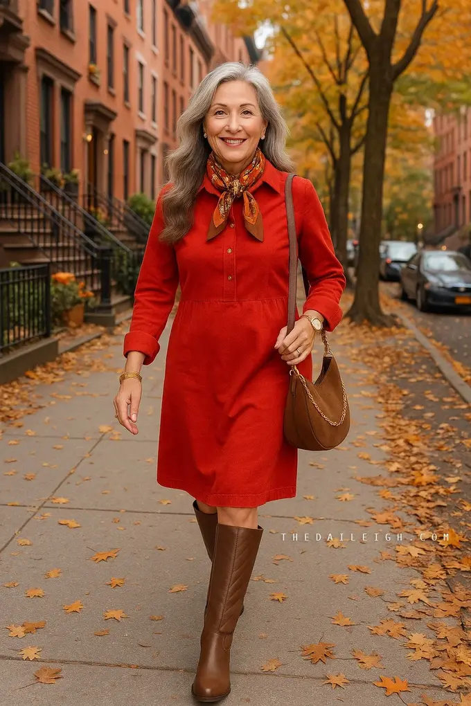 Woman in a red midi dress, patterned scarf and brown knee high boots on an autumn street