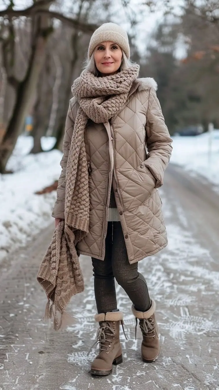Mature woman wearing a beige quilted coat, dark pants, scarf, beanie, and snow boots