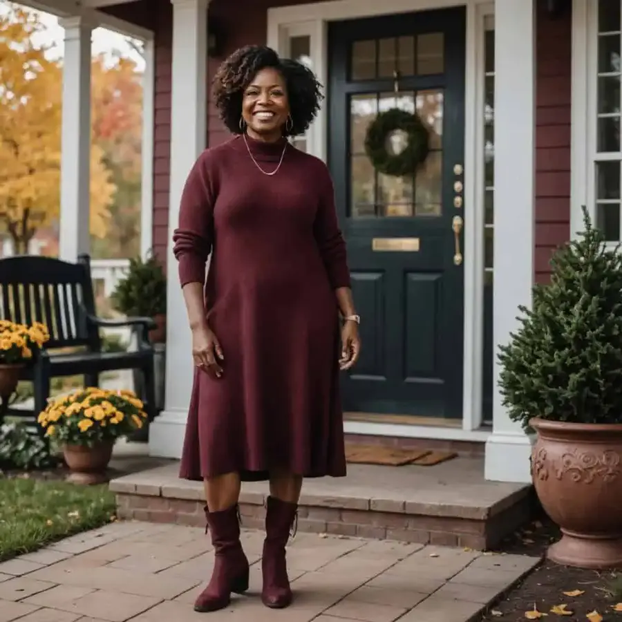 Woman wearing a burgundy sweater dress with matching tall boots on a porch