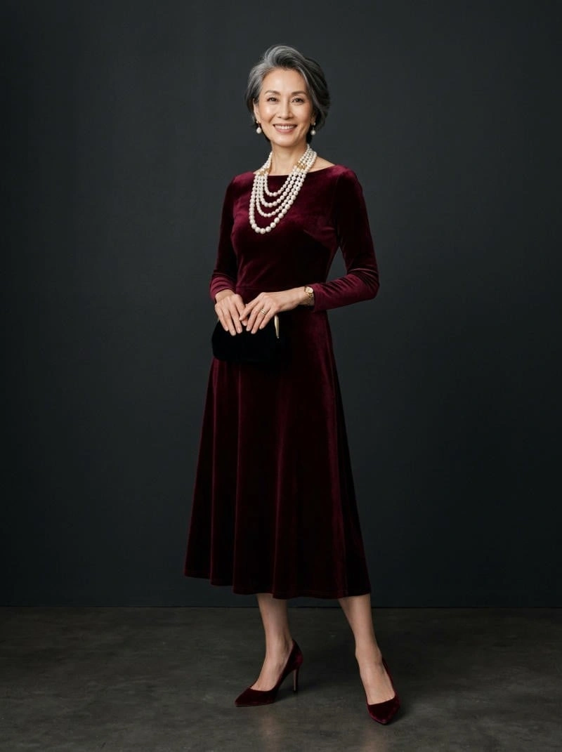 Mature woman in a burgundy velvet midi dress with pearl jewelry for New Year’s Eve