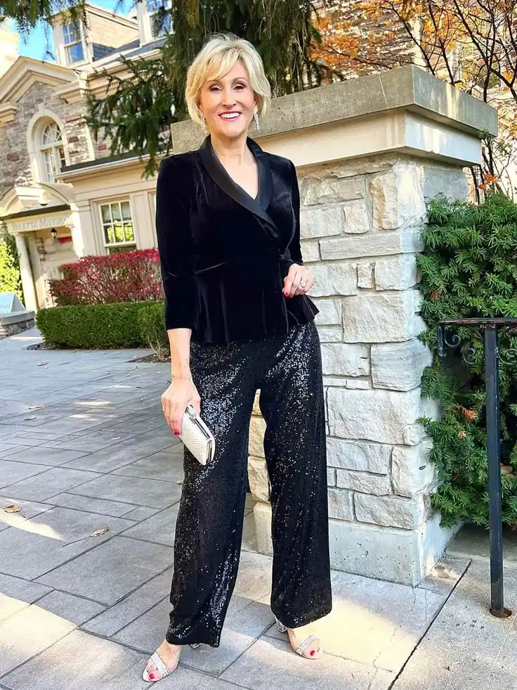 Woman over 40 wearing a black velvet blazer with black sequin wide leg pants