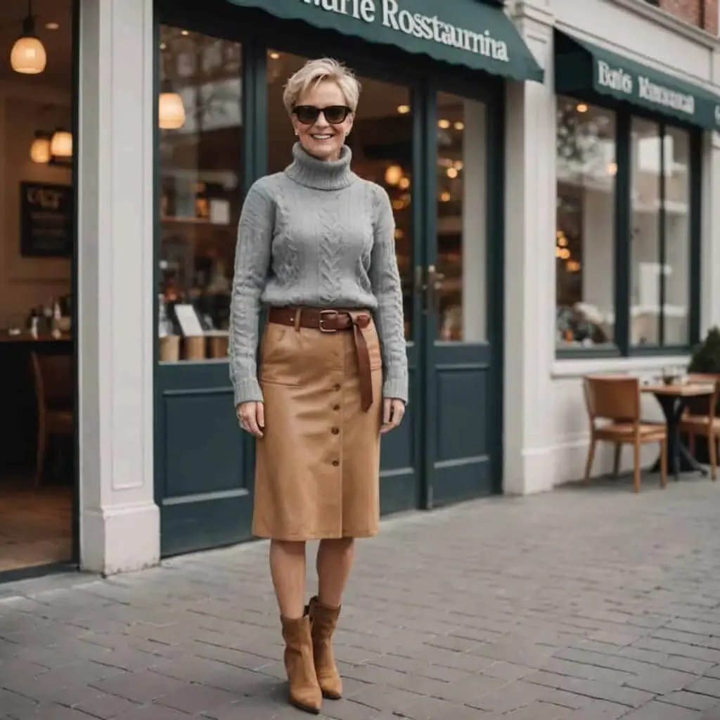 Woman in a gray cable knit sweater, tan midi skirt and brown ankle boots