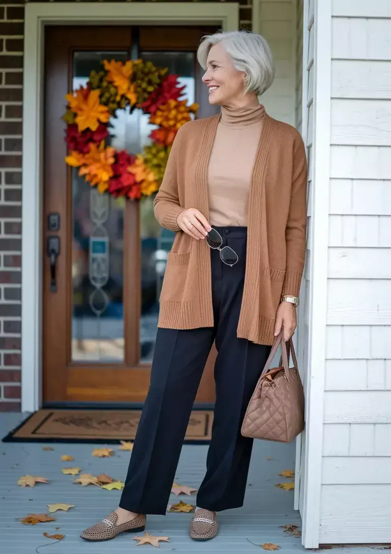 Woman wearing a neutral cardigan and tan turtleneck with black wide leg trousers