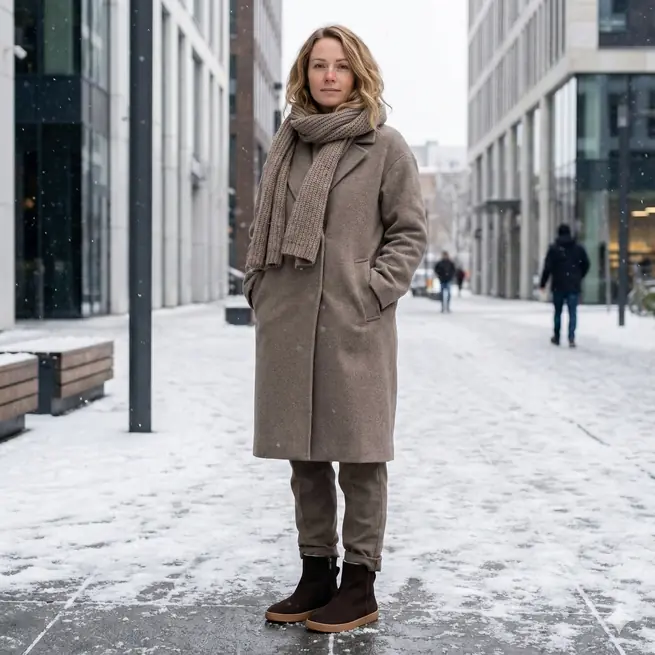 Woman wearing a brown wool coat with a chunky scarf and winter boots on a snowy city street