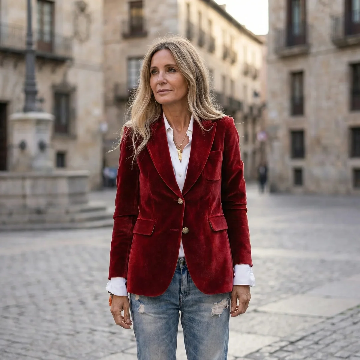Woman wearing a burgundy velvet blazer with a white shirt and relaxed blue jeans