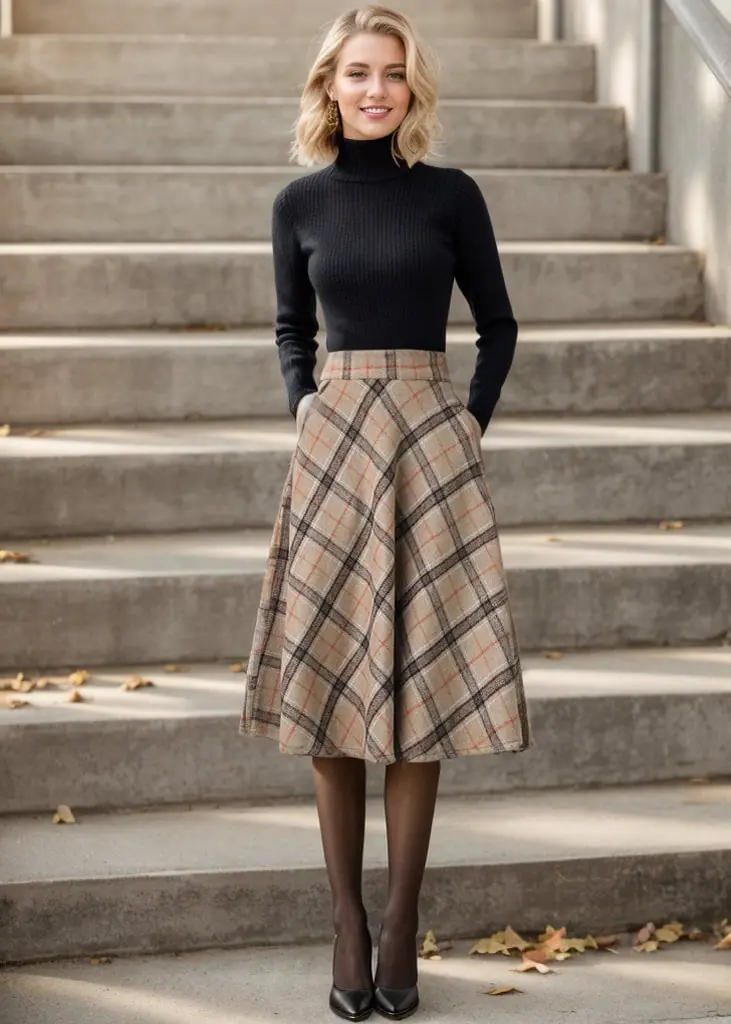 Woman styling a wool plaid A line skirt with a black ribbed knit for Christmas church