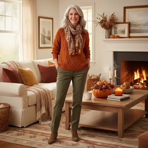 Woman wearing a terracotta sweater and olive trousers with a patterned scarf