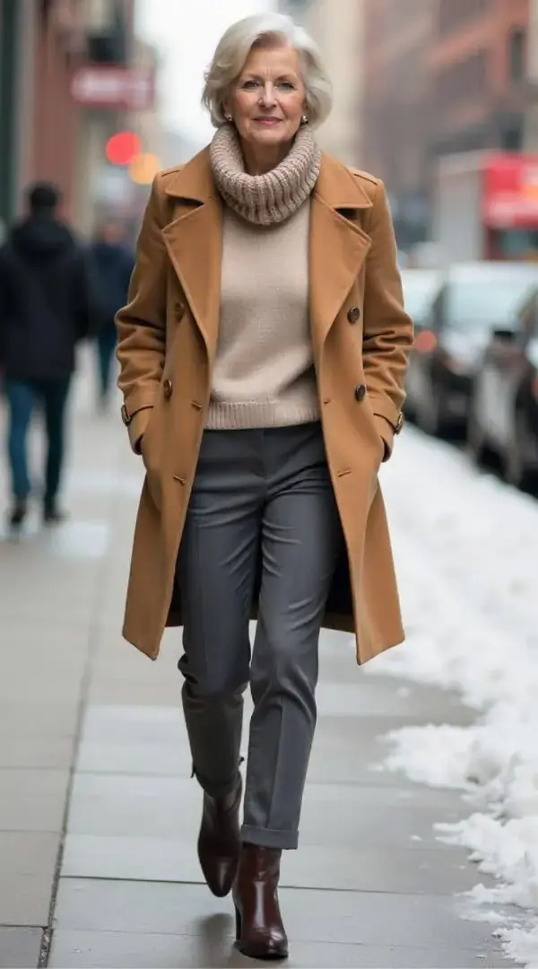 Older woman wearing a camel coat, beige turtleneck, grey trousers, and ankle boots in winter
