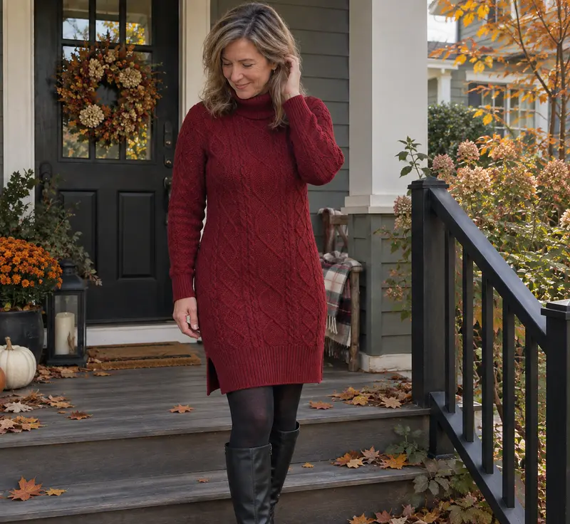 Woman wearing a red sweater dress with black tights and knee high boots