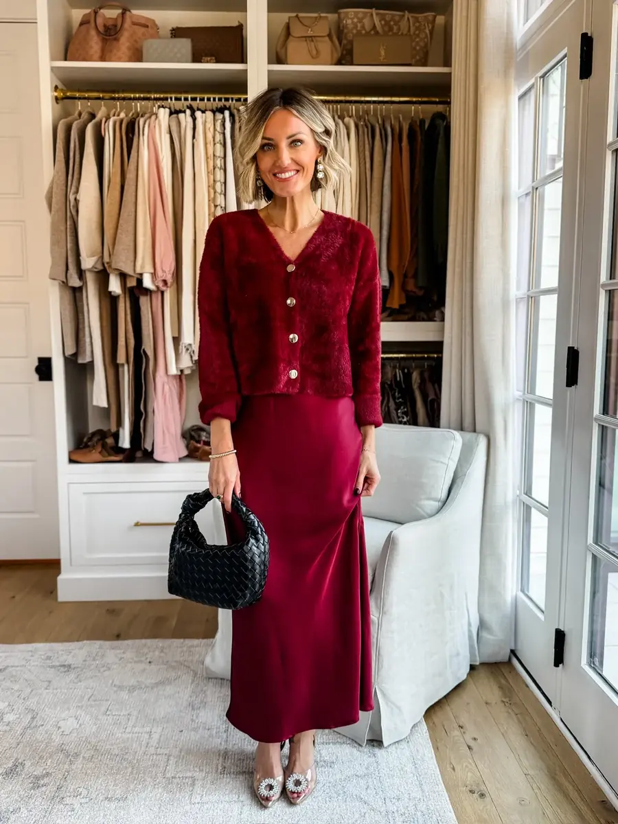 A woman wearing a burgundy jeweled cardigan with a matching satin midi skirt, black handbag and crystal heels