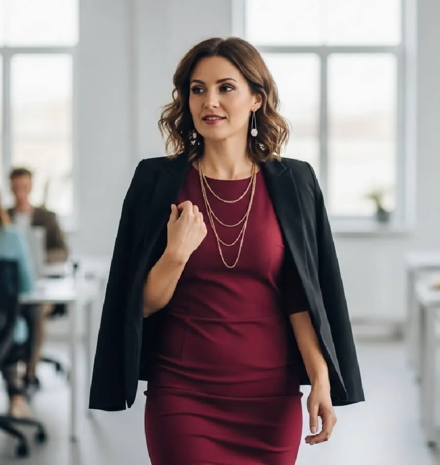 Professional woman wearing a burgundy sheath dress with a black blazer over her shoulders