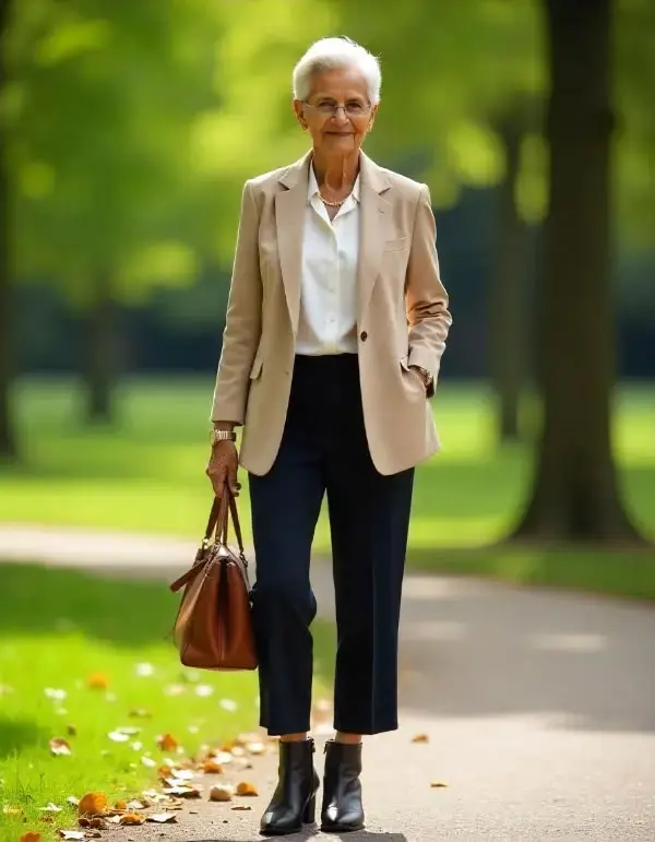 Woman wearing a beige blazer, white blouse and black cropped trousers