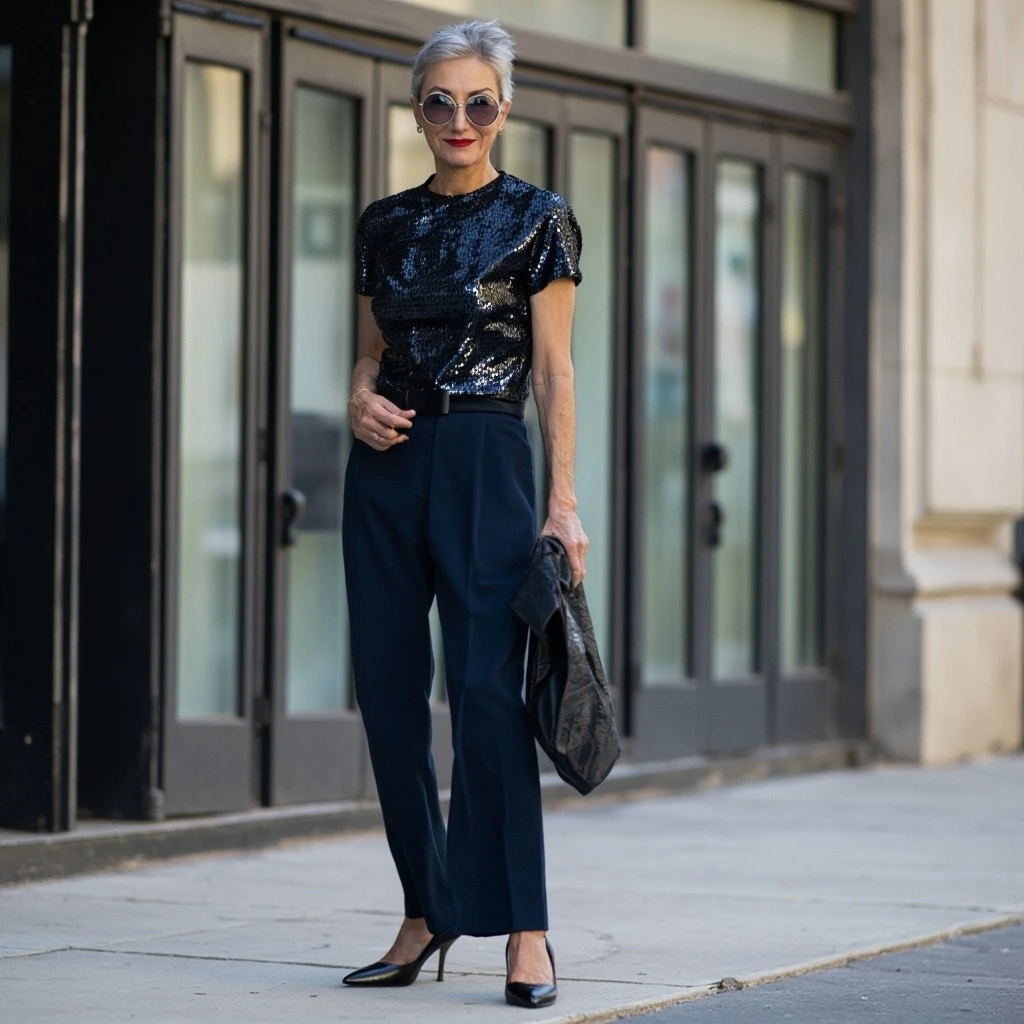 Silver haired woman over 40 wearing a black sequin top with tailored black trousers and pumps