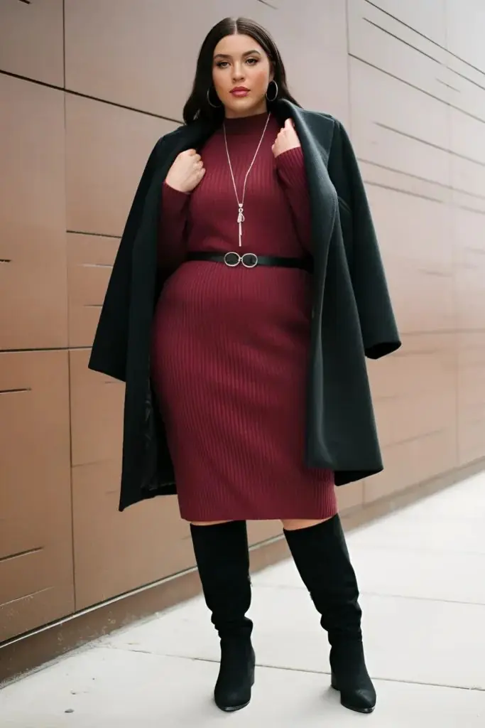 Curvy woman wearing a burgundy knit midi dress with a black coat and knee high boots for winter date night