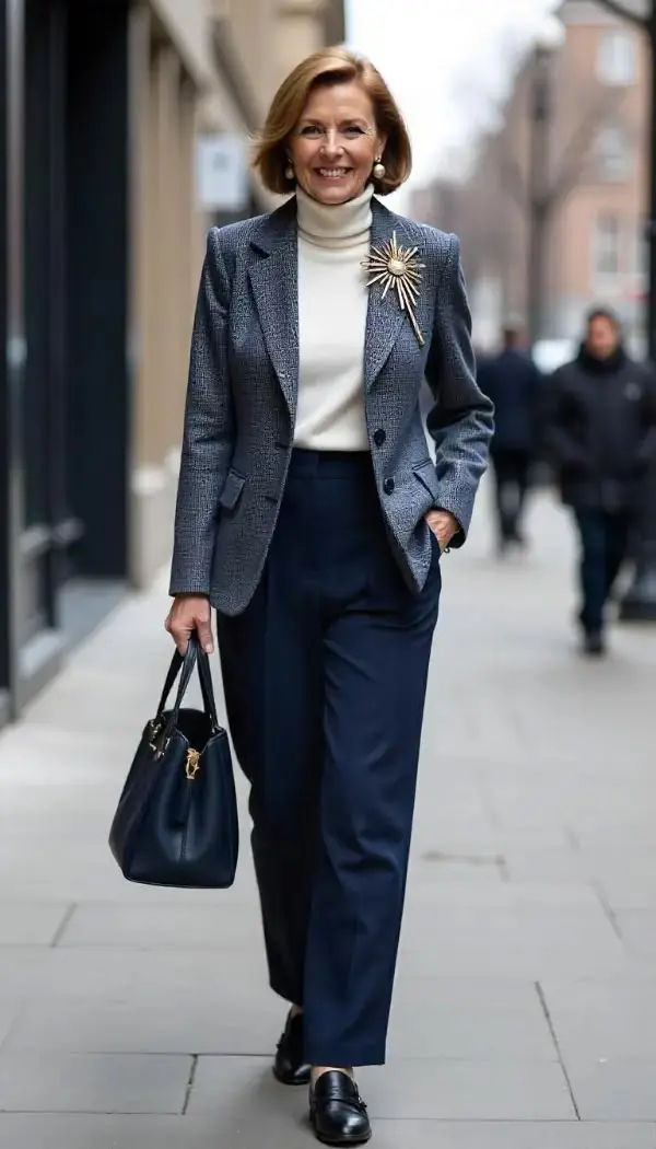 Woman wearing a gray tweed blazer, white turtleneck and navy wide leg trousers