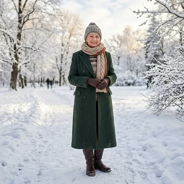 Woman over 50 wearing a winter coat with a coordinated hat scarf gloves and walking boots