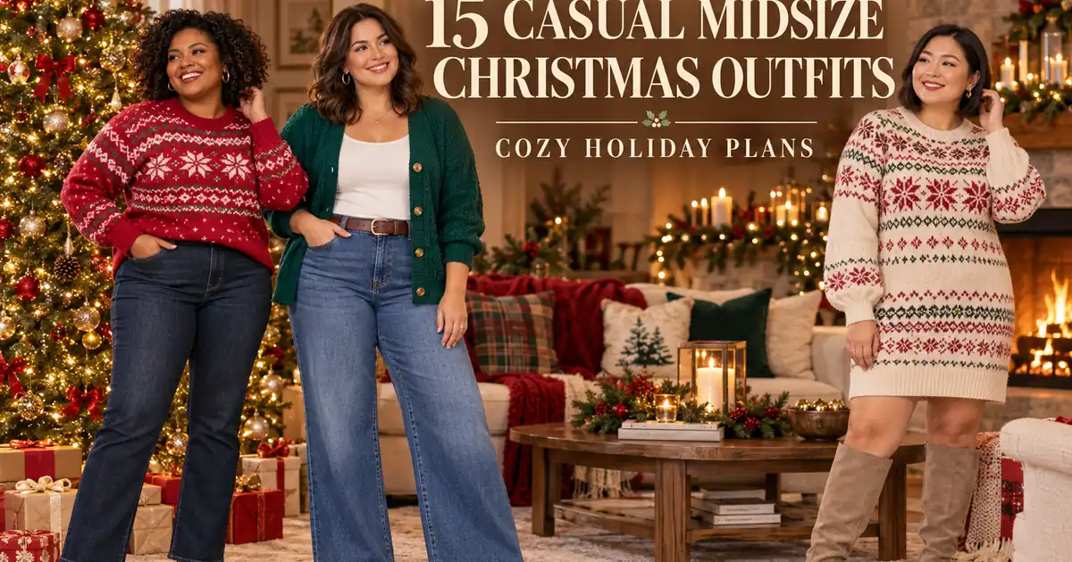 Three midsize women wearing cozy red, green, and cream Christmas outfits