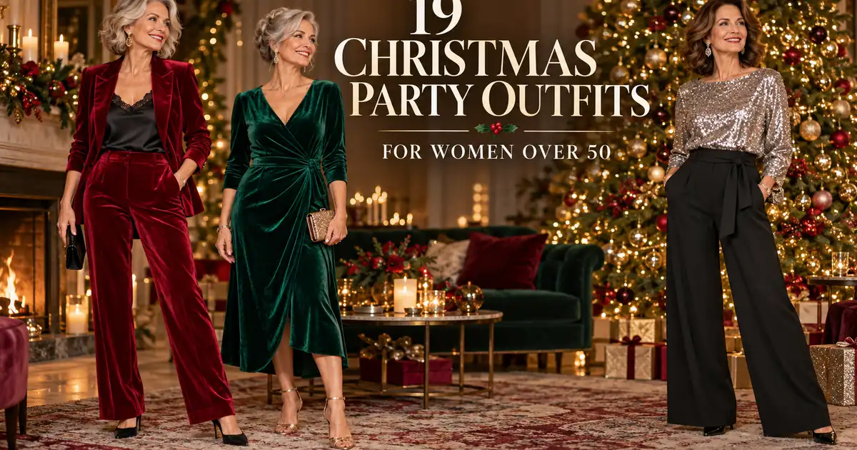 Three women over 50 wearing red velvet, green velvet and sequin Christmas party outfits