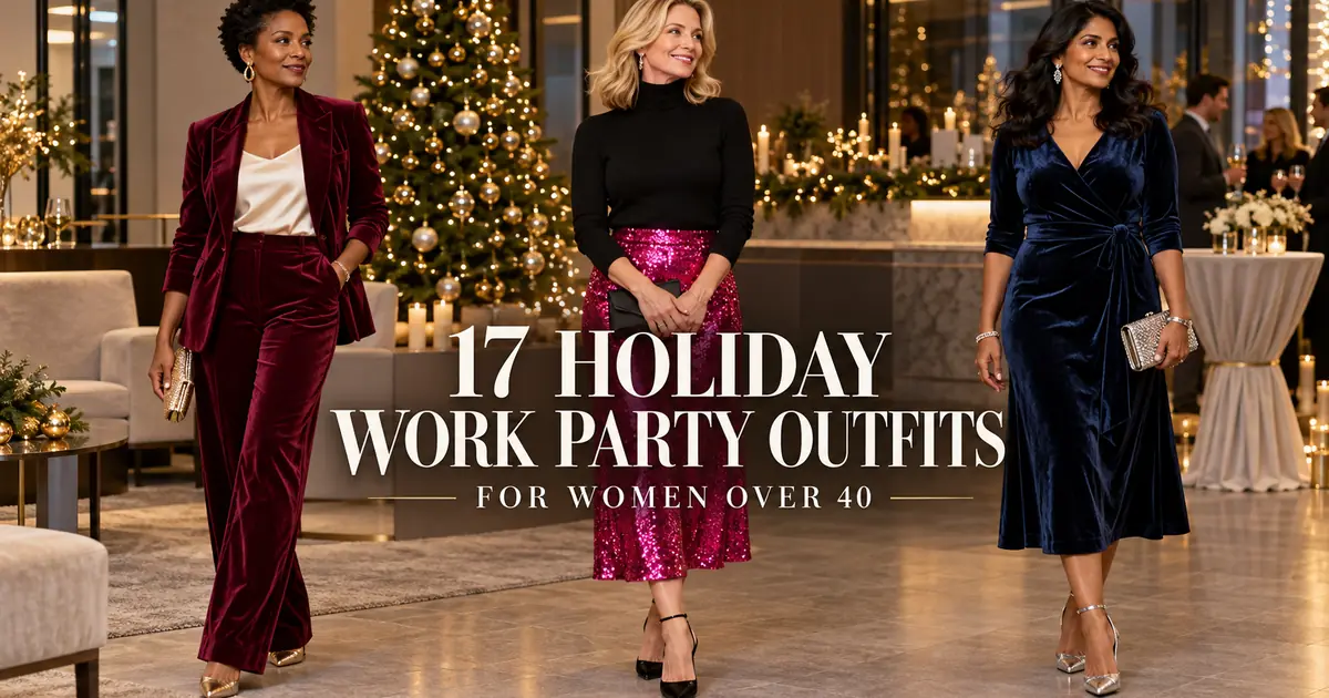 Three women over 40 wearing polished holiday work party outfits in a decorated office