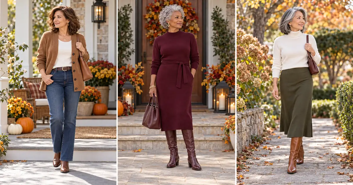 Three women over 50 wearing a caramel cardigan with jeans, a burgundy sweater dress, and a white turtleneck with an olive skirt in autumn settings